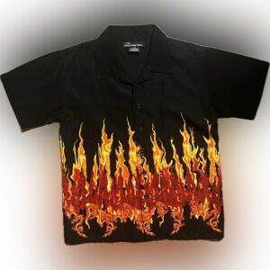 No Boundaries Men's Black Shirt with Red and Orange Flames